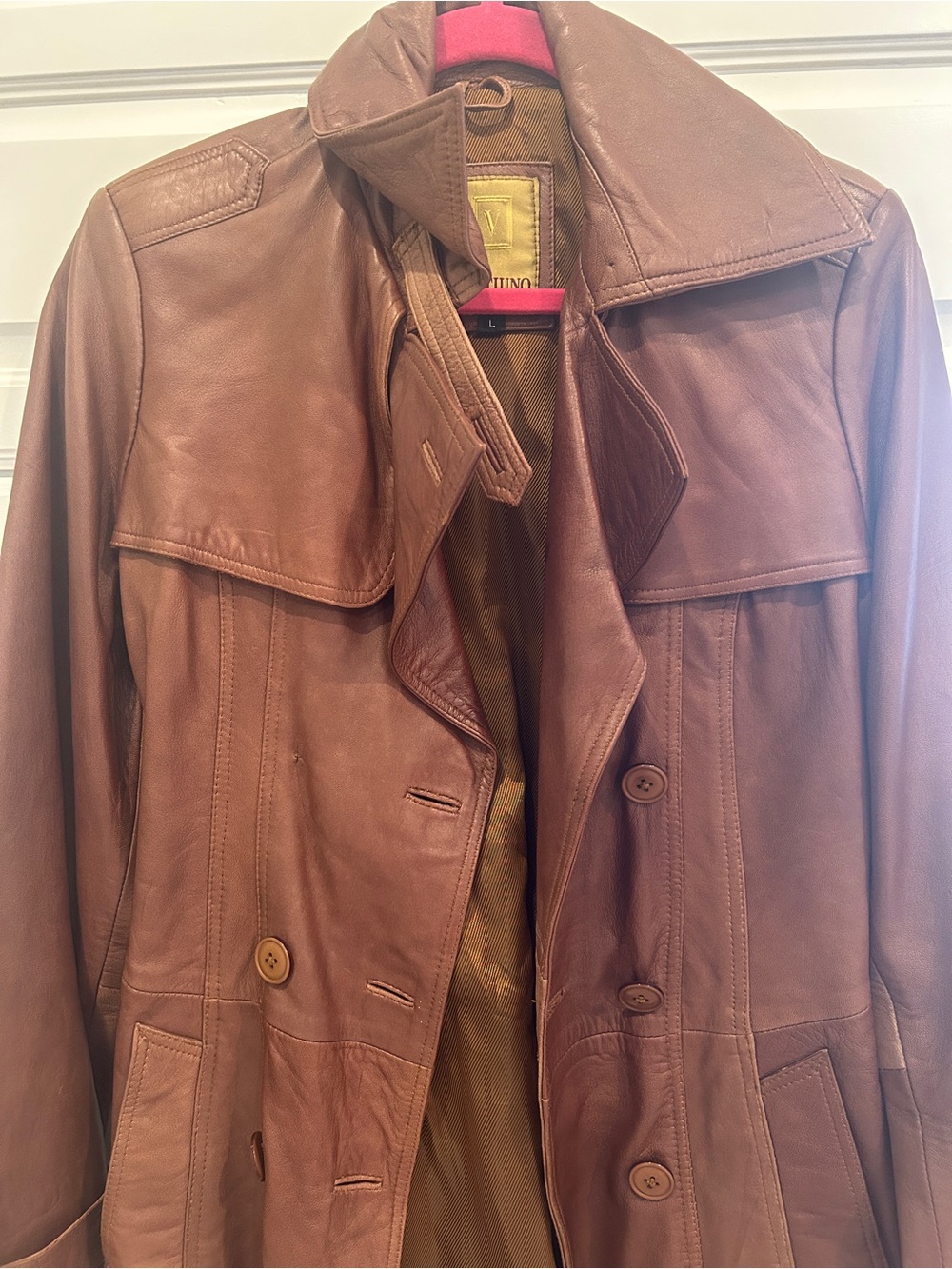 Women's Tan Leather Trench Coat - Classic Button Front